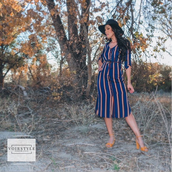 CHIC NAVY STRIPED BUTTON UP MIDI DRESS - Picture 2 of 8